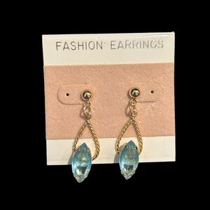 Gold Tone Teardrop Aqua Marine Pierced Earrings